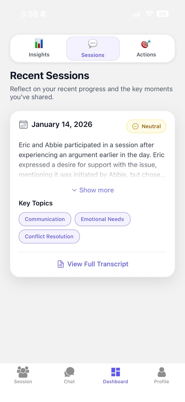 Session history and progress